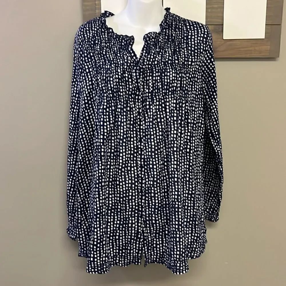Lola Australia Navy Abstract Dotted Cotton Button Down V-Neck Ruffled Tunic- Lrg